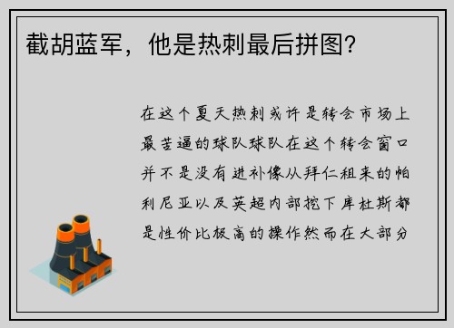 截胡蓝军，他是热刺最后拼图？