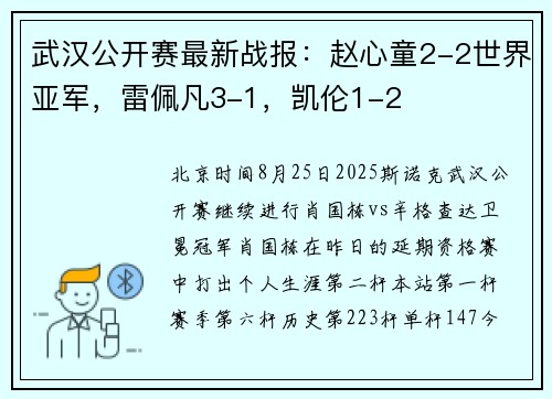 武汉公开赛最新战报：赵心童2-2世界亚军，雷佩凡3-1，凯伦1-2